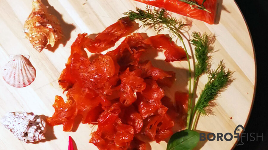 Dried Atlantic salmon fillet pieces with spices, kg